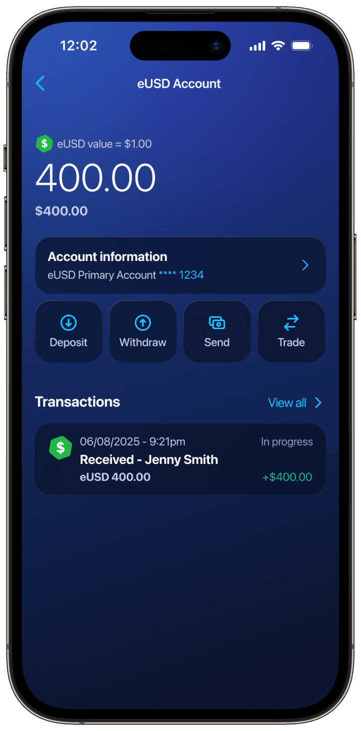 Receive eUSD Digital Cash (1:1 with USD)